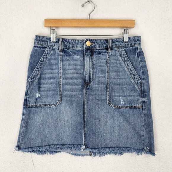 KUT From The Kloth Skirt Womens 8 Blue Denim Raw Hem Distressed Hemp Blend - Picture 1 of 11